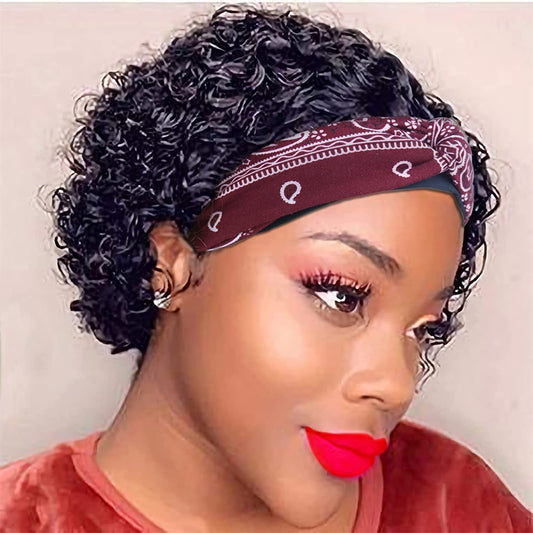 Short Curly Headband Wig Human Hair Wigs for Women Pixie Cut Kinky Curly Bob Glueless Half Wigs 150% Density Natural Black 6 Inch - Short Curly 1B - 6Inch - Bella Bourget