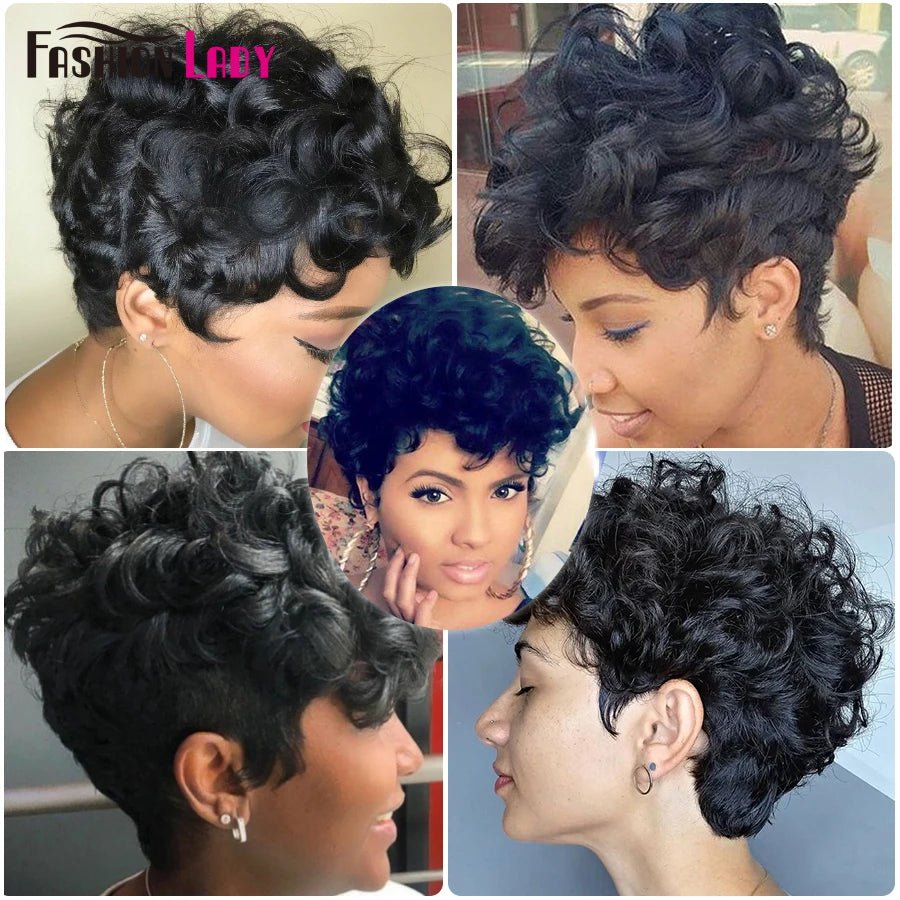 Short Pixie Cut Human Hair Wigs Cheap Wigs Curly Brazilian Hair Wigs for Women Short Glueless Human Hair Machine Made Wig - Model Length - Bella Bourget