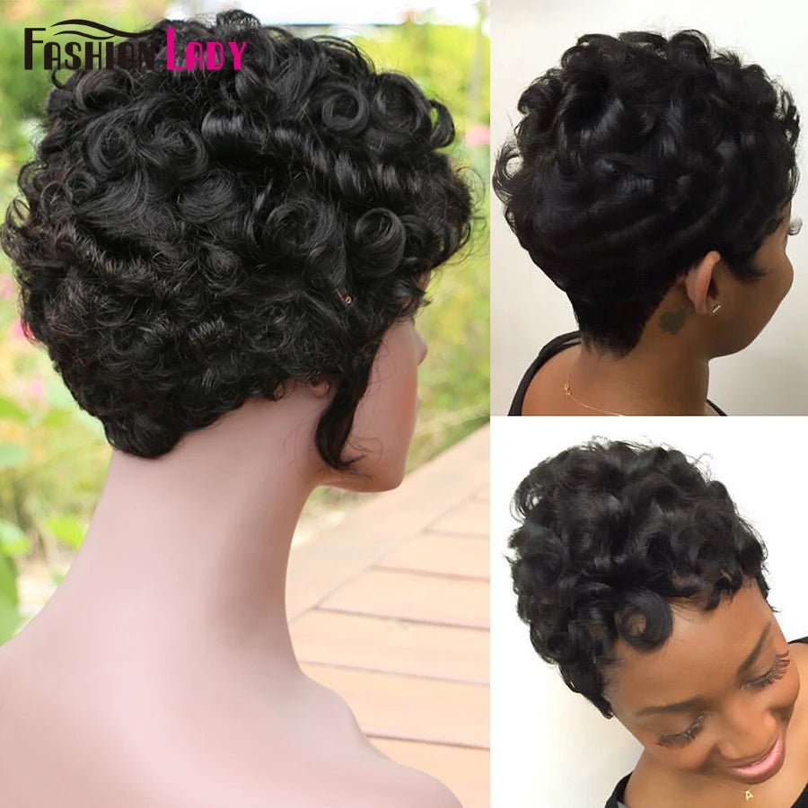 Short Pixie Cut Human Hair Wigs Cheap Wigs Curly Brazilian Hair Wigs for Women Short Glueless Human Hair Machine Made Wig - Model Length - Bella Bourget