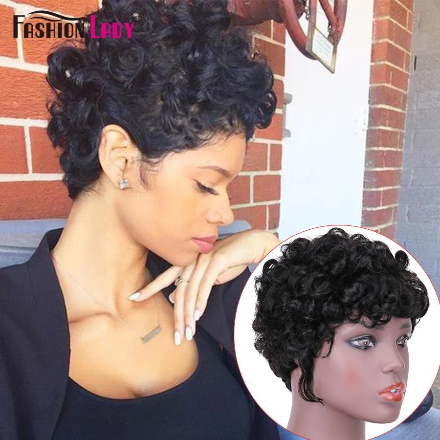 Short Pixie Cut Human Hair Wigs Cheap Wigs Curly Brazilian Hair Wigs for Women Short Glueless Human Hair Machine Made Wig - Model Length - Bella Bourget