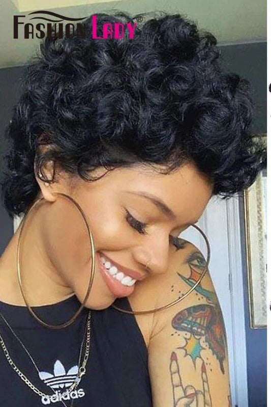 Short Pixie Cut Human Hair Wigs Cheap Wigs Curly Brazilian Hair Wigs for Women Short Glueless Human Hair Machine Made Wig - Model Length - Bella Bourget