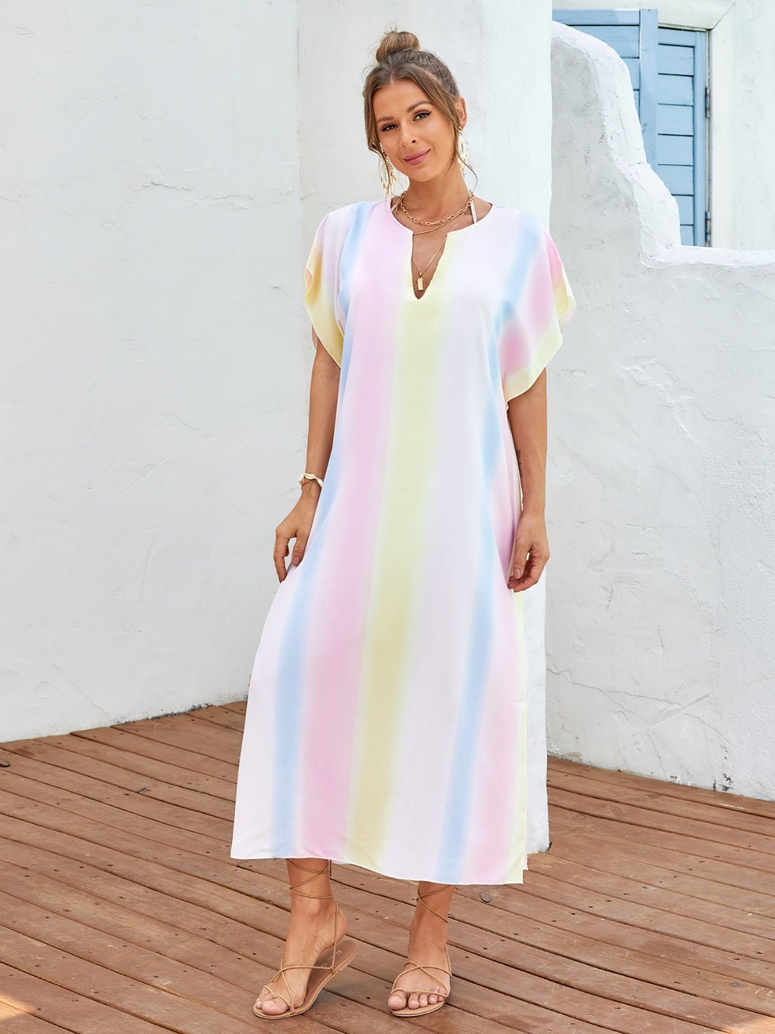 Slit Striped Notched Short Sleeve Cover Up - One - Piece Swimsuit - Multicolor - Bella Bourget