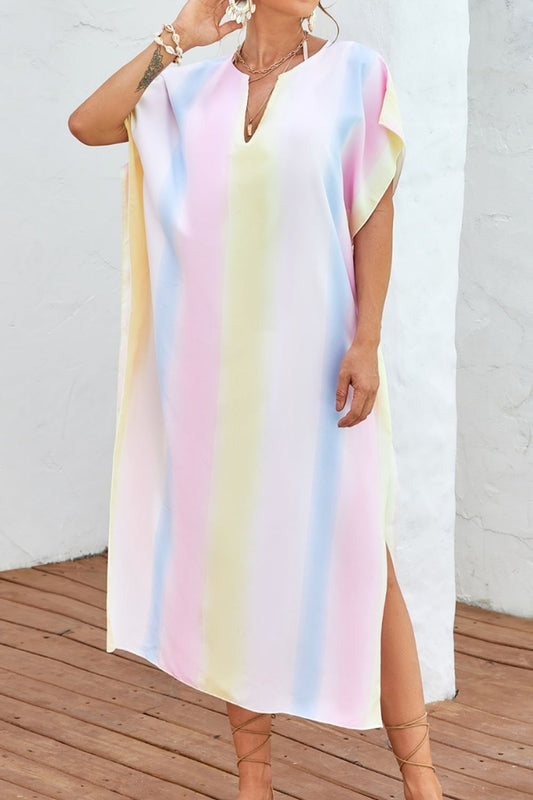Slit Striped Notched Short Sleeve Cover Up - One - Piece Swimsuit - Multicolor - Bella Bourget