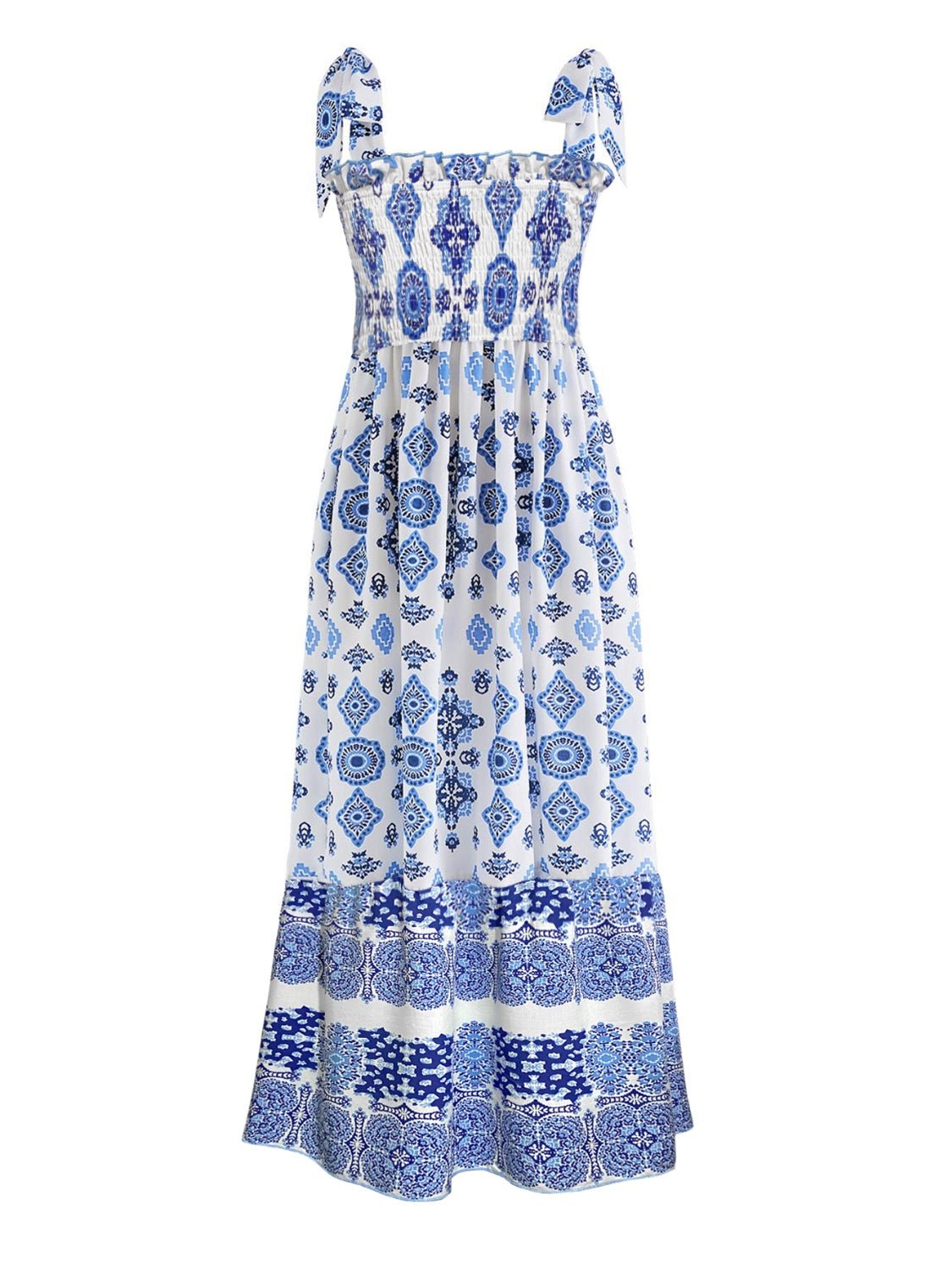 Smocked Printed Square Neck Cami Dress - Maxi Dress - White - Bella Bourget