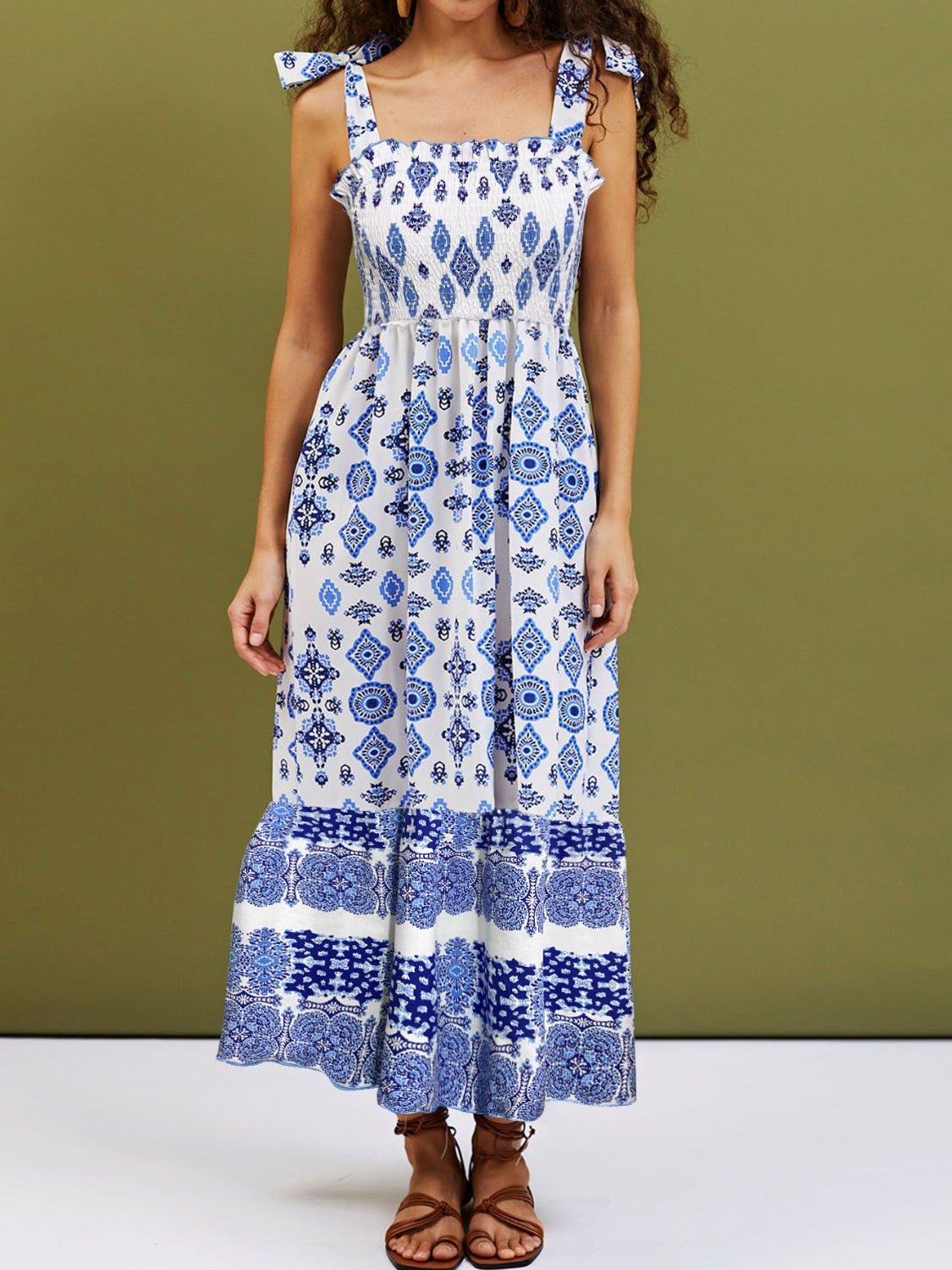 Smocked Printed Square Neck Cami Dress - Maxi Dress - White - Bella Bourget