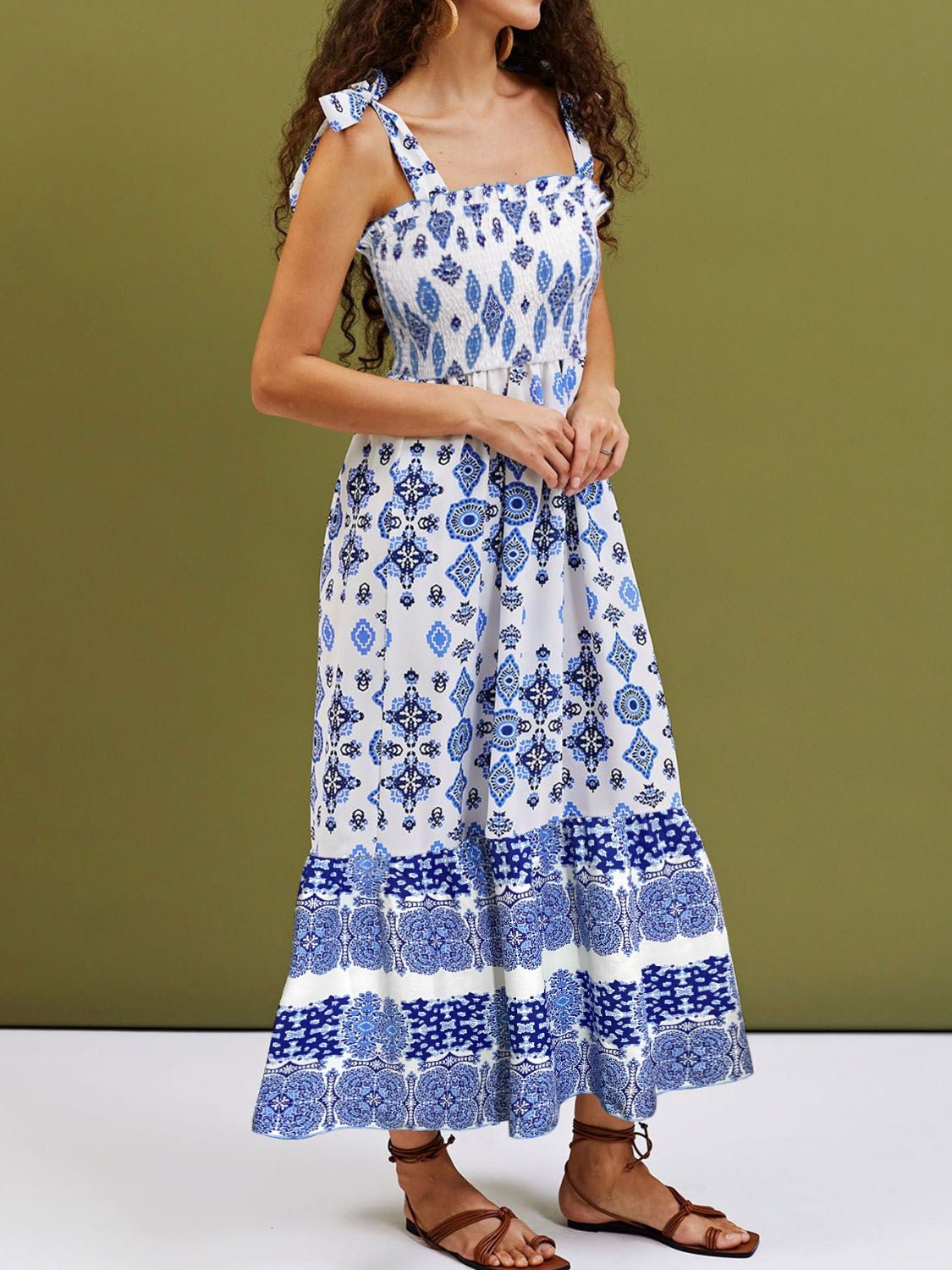 Smocked Printed Square Neck Cami Dress - Maxi Dress - White - Bella Bourget