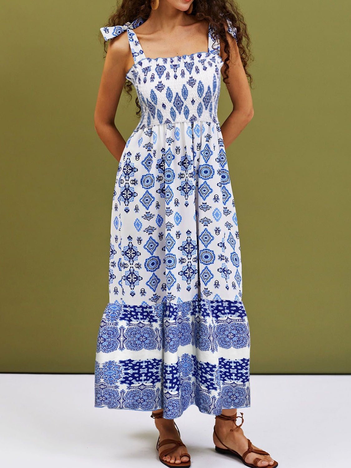 Smocked Printed Square Neck Cami Dress - Maxi Dress - White - Bella Bourget