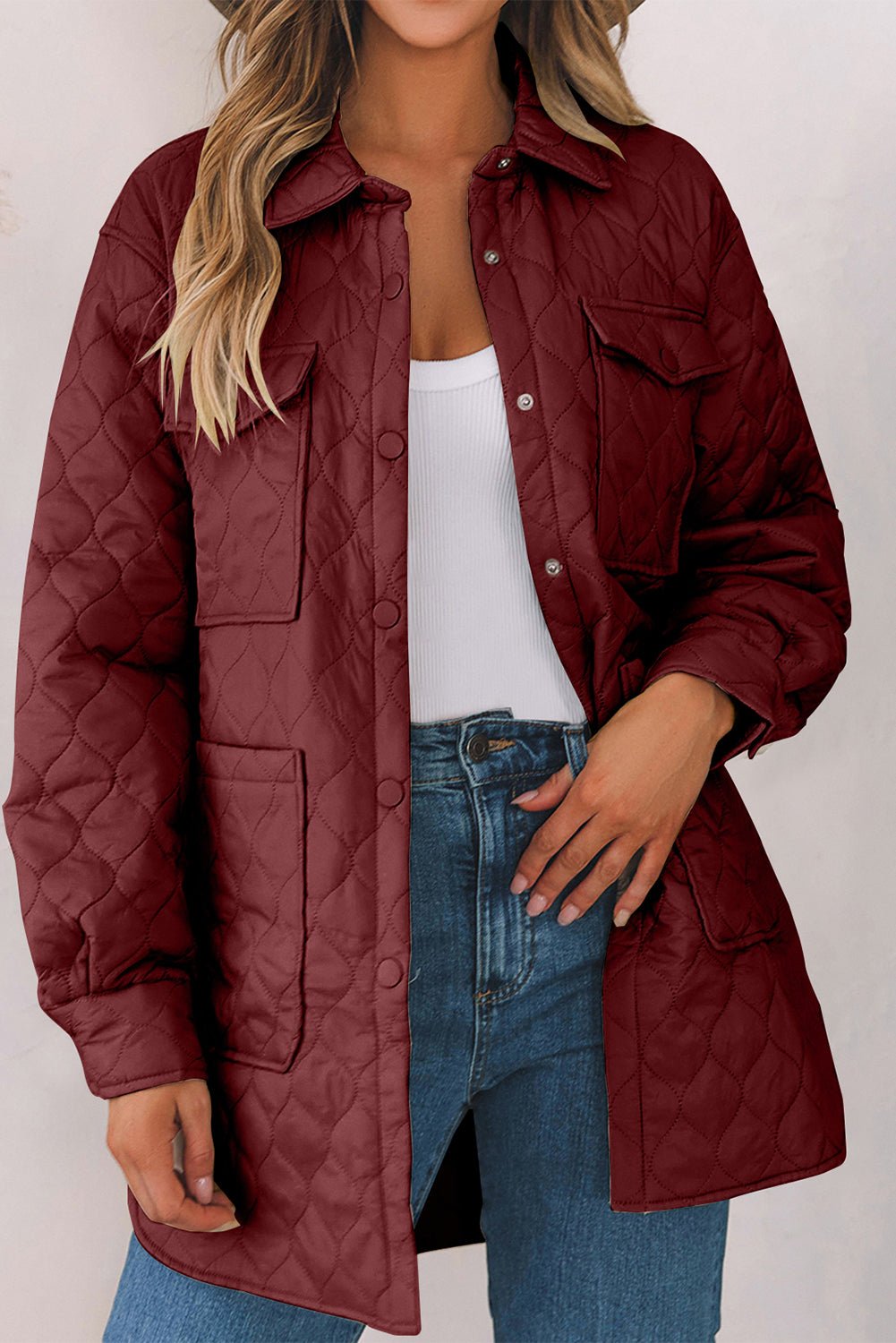 Snap Down Collared Winter Coat - Coat - Burgundy - Bella Bourget