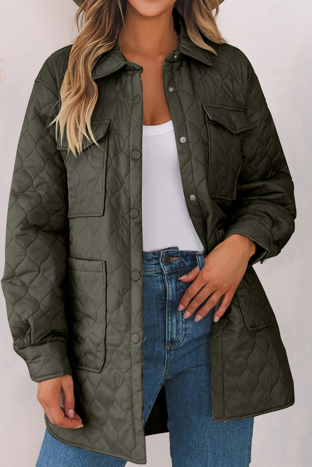 Snap Down Collared Winter Coat - Coat - Army Green - Bella Bourget