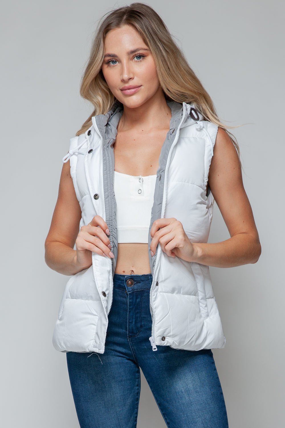 Snobbish Snap and Zip Closure Hooded Vest - Vest - White/Chiseled Stone - Bella Bourget