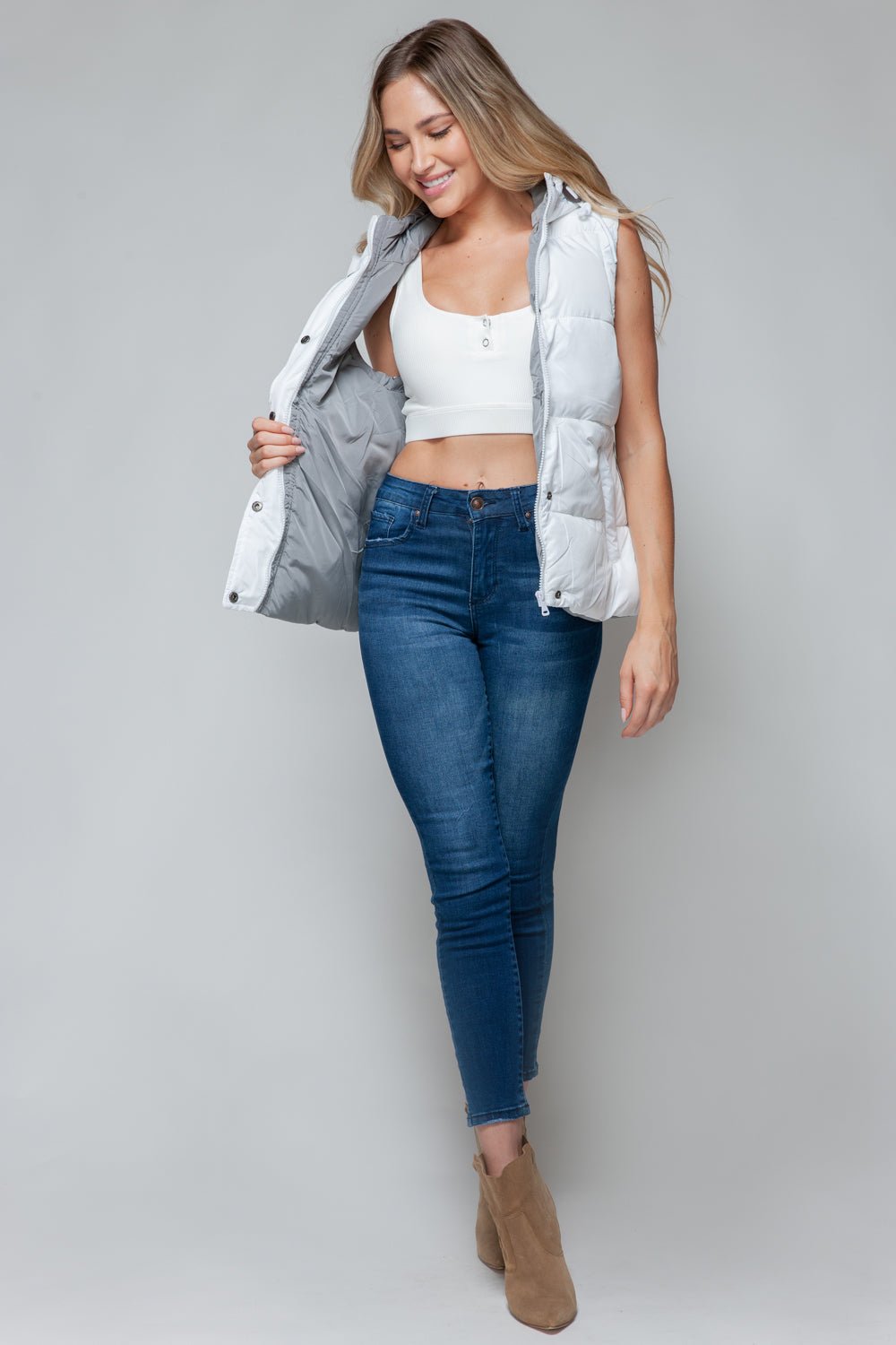 Snobbish Snap and Zip Closure Hooded Vest - Vest - White/Chiseled Stone - Bella Bourget