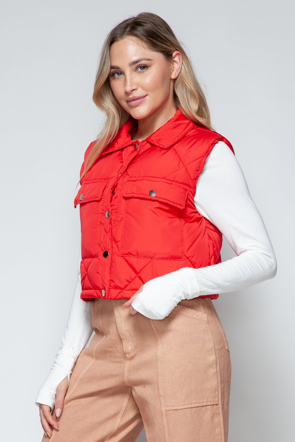 Snobbish Snap Down Quilted Crop Vest - Vest - Red - Bella Bourget