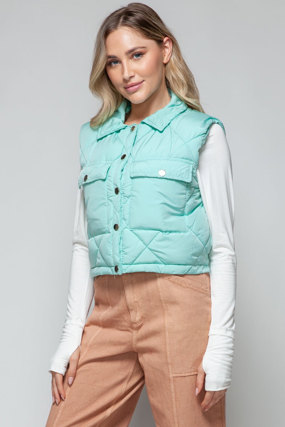 Snobbish Snap Down Quilted Crop Vest - Vest - Green - Bella Bourget