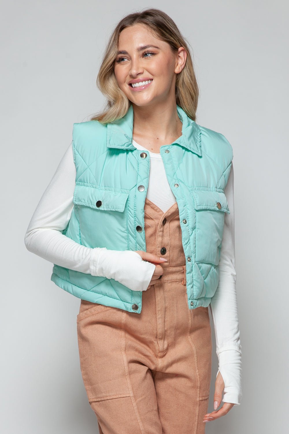 Snobbish Snap Down Quilted Crop Vest - Vest - Green - Bella Bourget