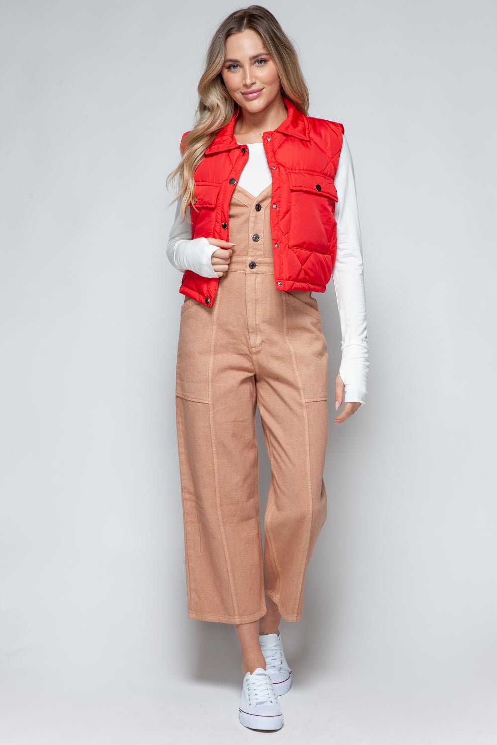 Snobbish Snap Down Quilted Crop Vest - Vest - Red - Bella Bourget