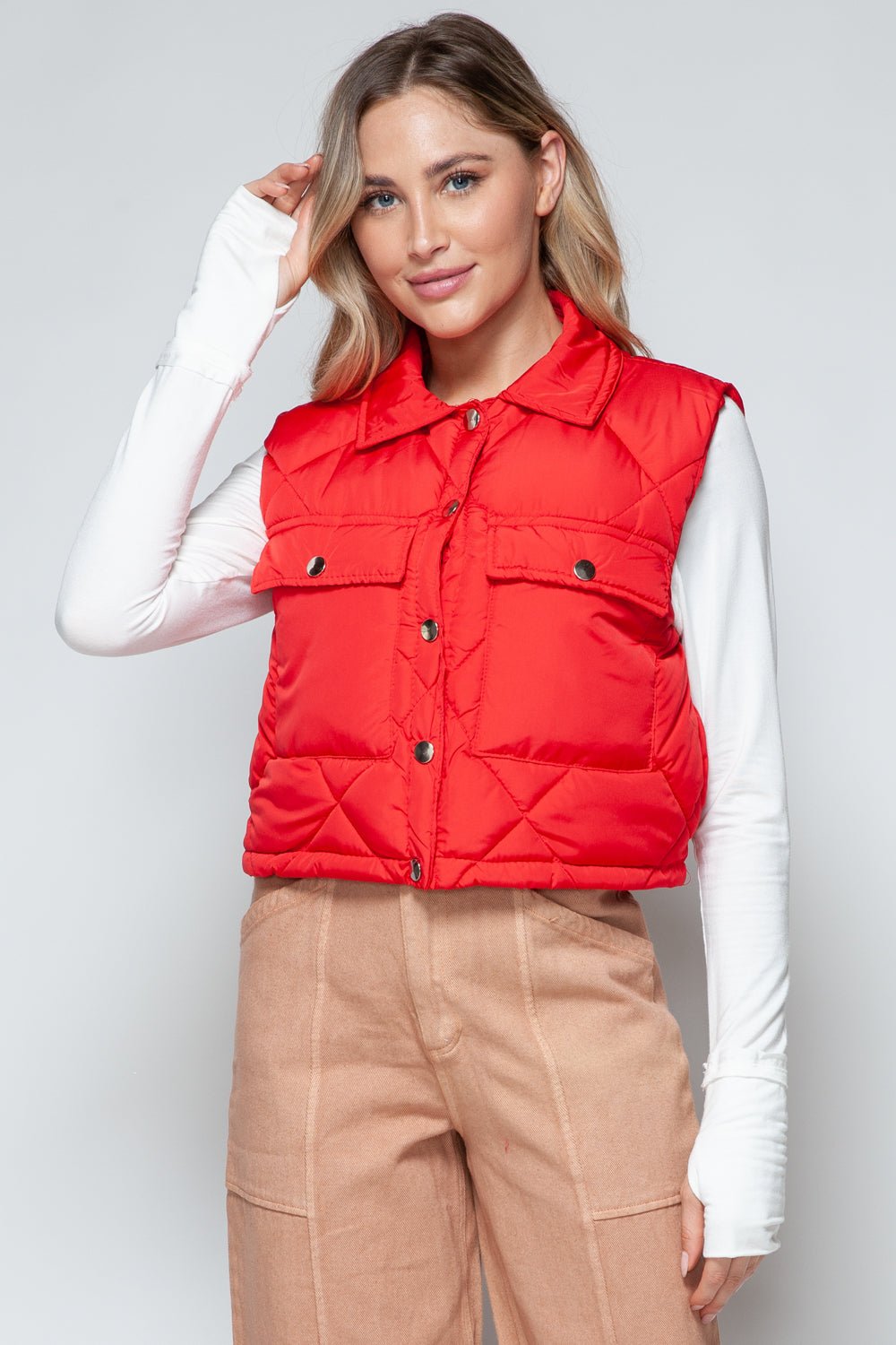 Snobbish Snap Down Quilted Crop Vest - Vest - Red - Bella Bourget