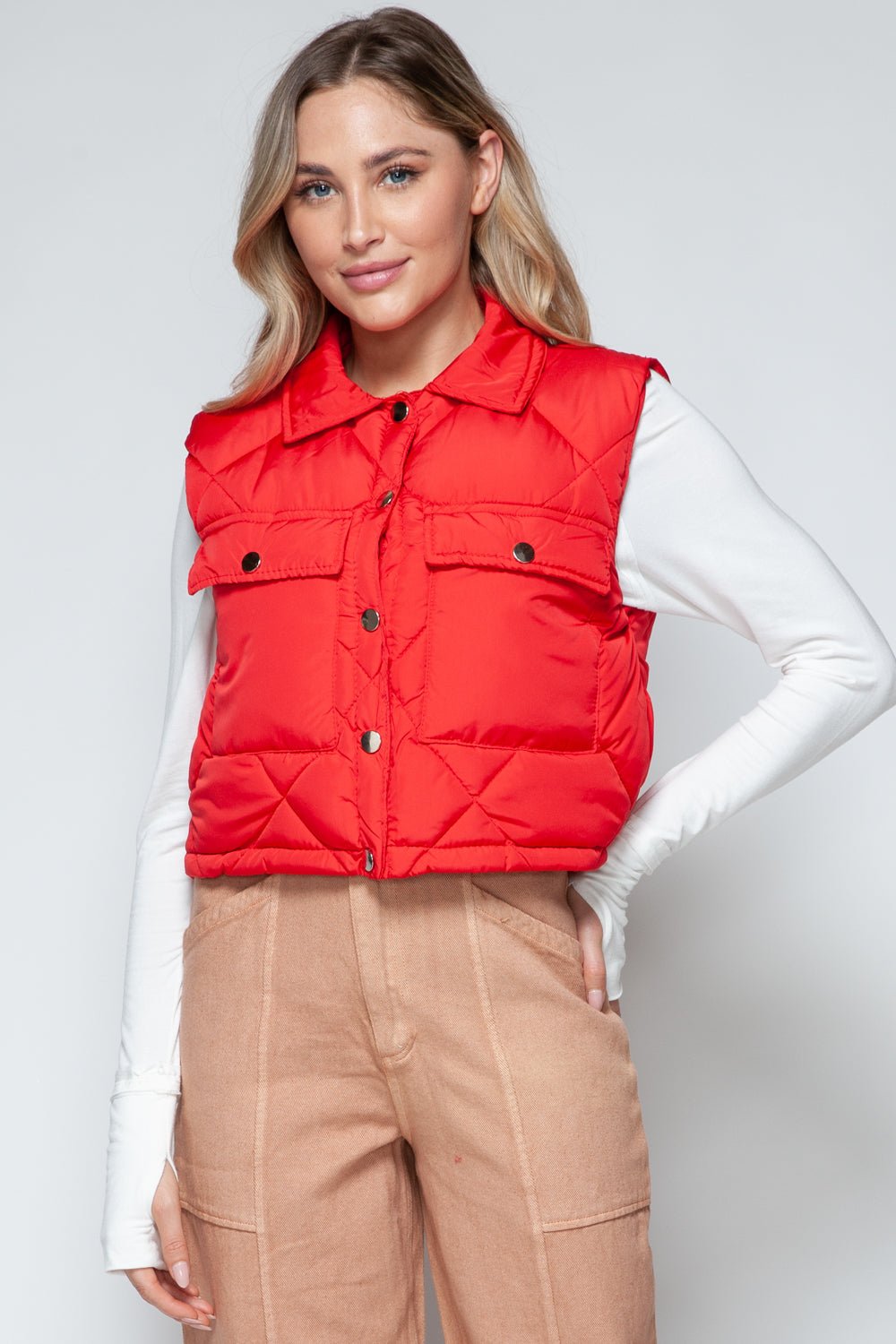 Snobbish Snap Down Quilted Crop Vest - Vest - Red - Bella Bourget