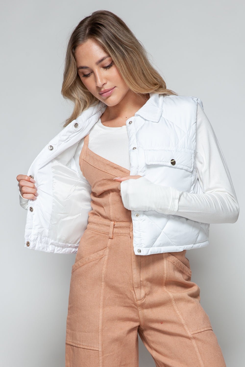 Snobbish Snap Down Quilted Crop Vest - Vest - White - Bella Bourget