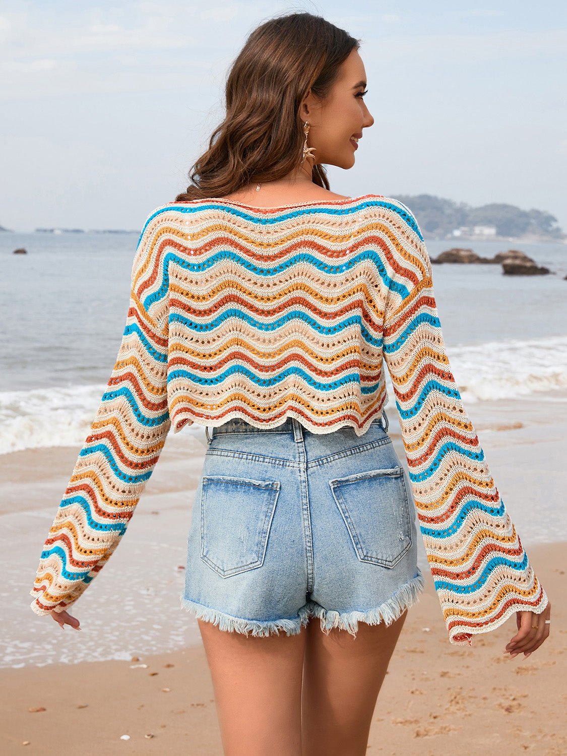 Striped Boat Neck Long Sleeve Cover Up - Cover - Up - Sand - Bella Bourget