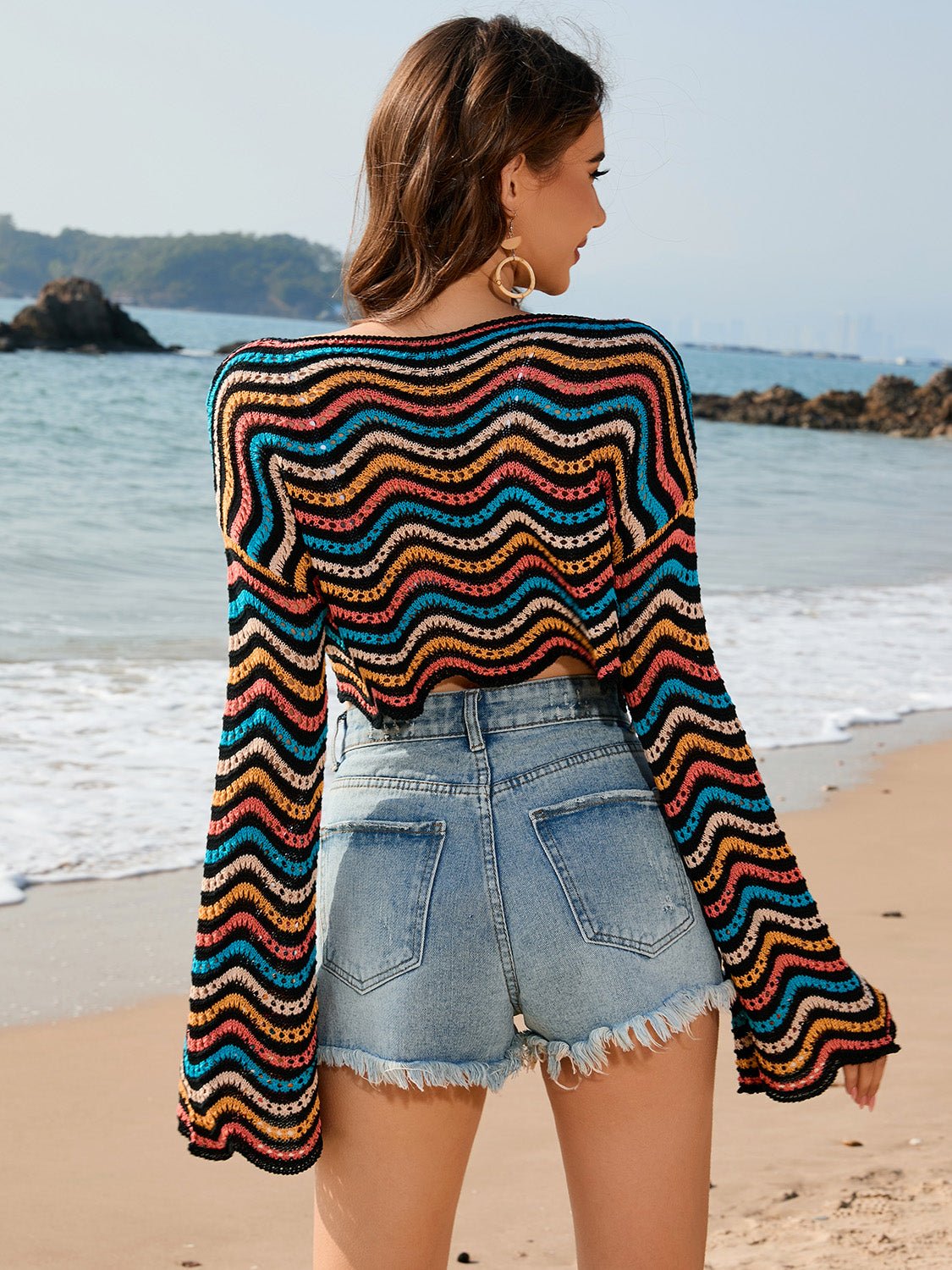 Striped Boat Neck Long Sleeve Cover Up - Cover - Up - Multicolor - Bella Bourget