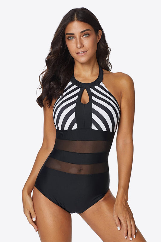 Striped Cutout Spliced Mesh Halter Neck One - Piece Swimsuit - One - Piece Swimsuit - Stripe - Bella Bourget