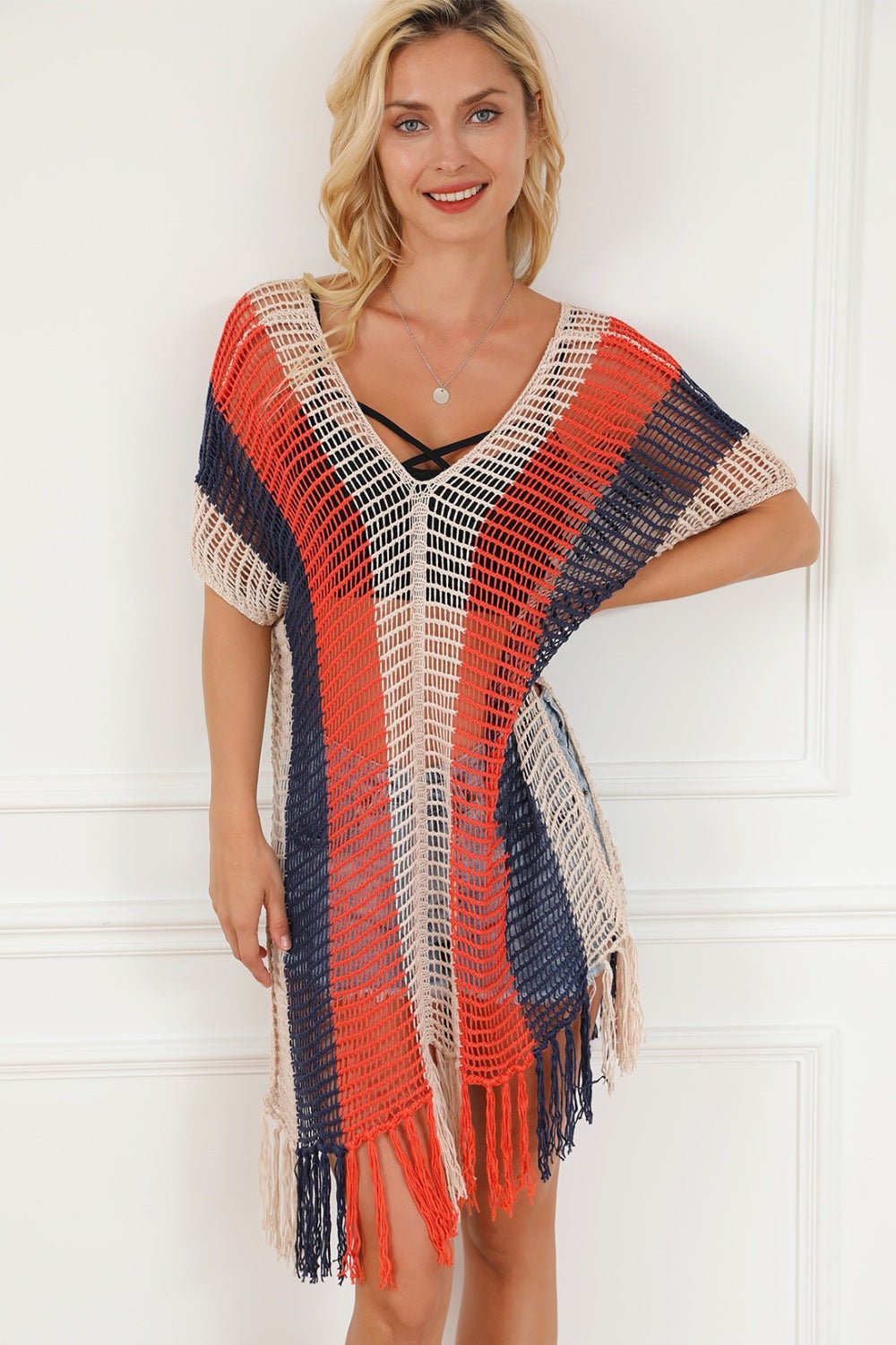 Tassel Color Block V - Neck Cover Up - Cover - Up - Multicolor - Bella Bourget