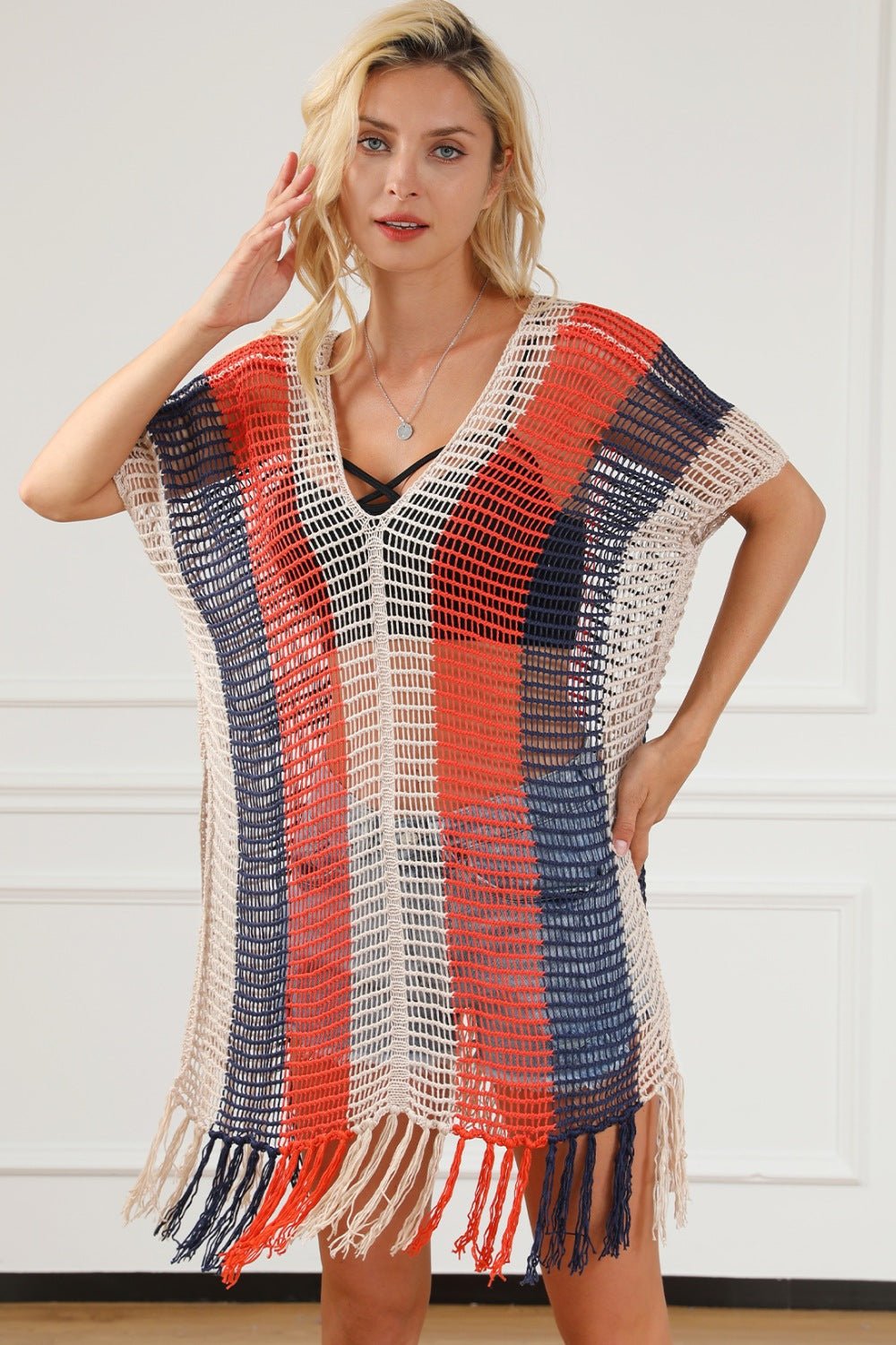 Tassel Color Block V - Neck Cover Up - Cover - Up - Multicolor - Bella Bourget