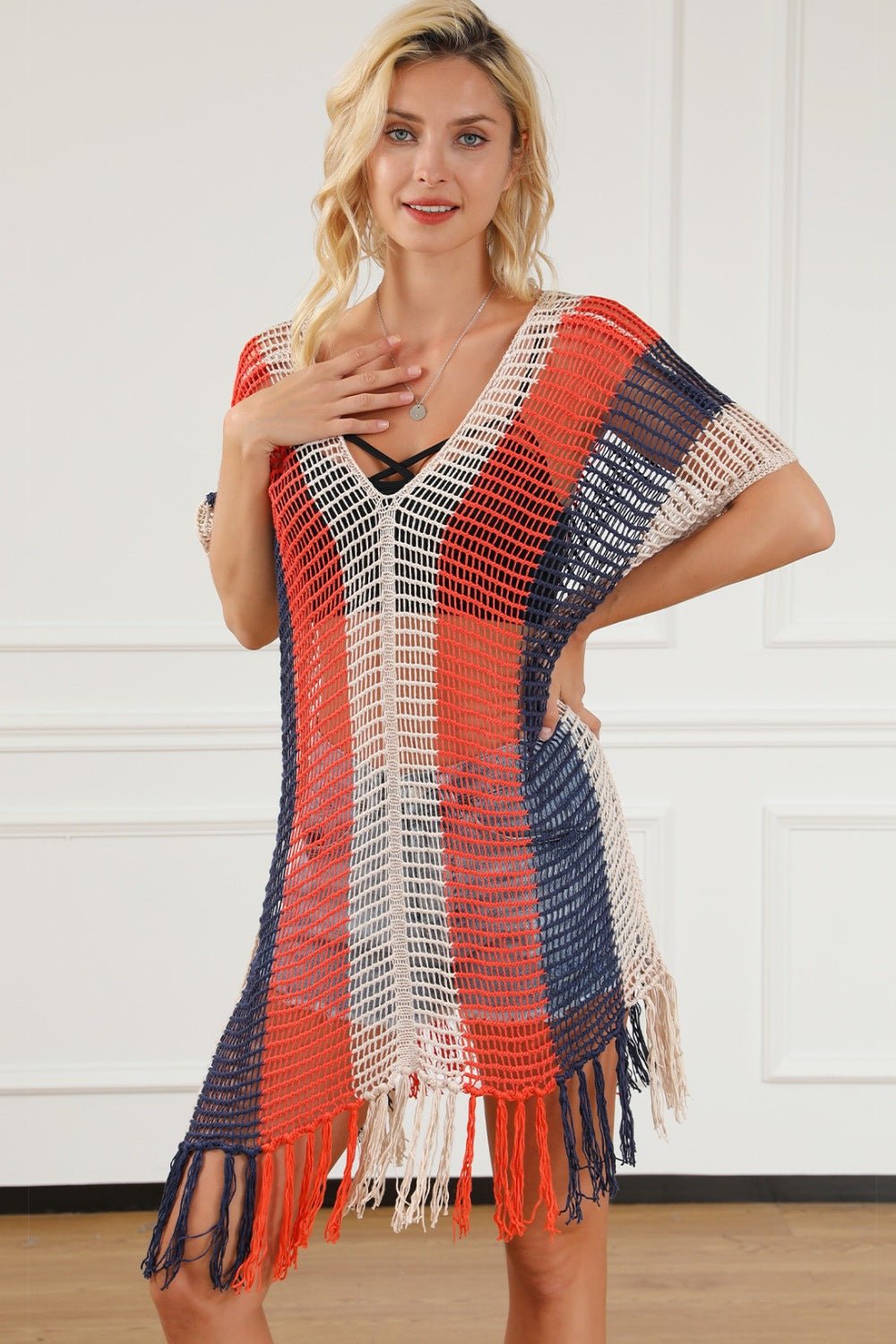 Tassel Color Block V - Neck Cover Up - Cover - Up - Multicolor - Bella Bourget