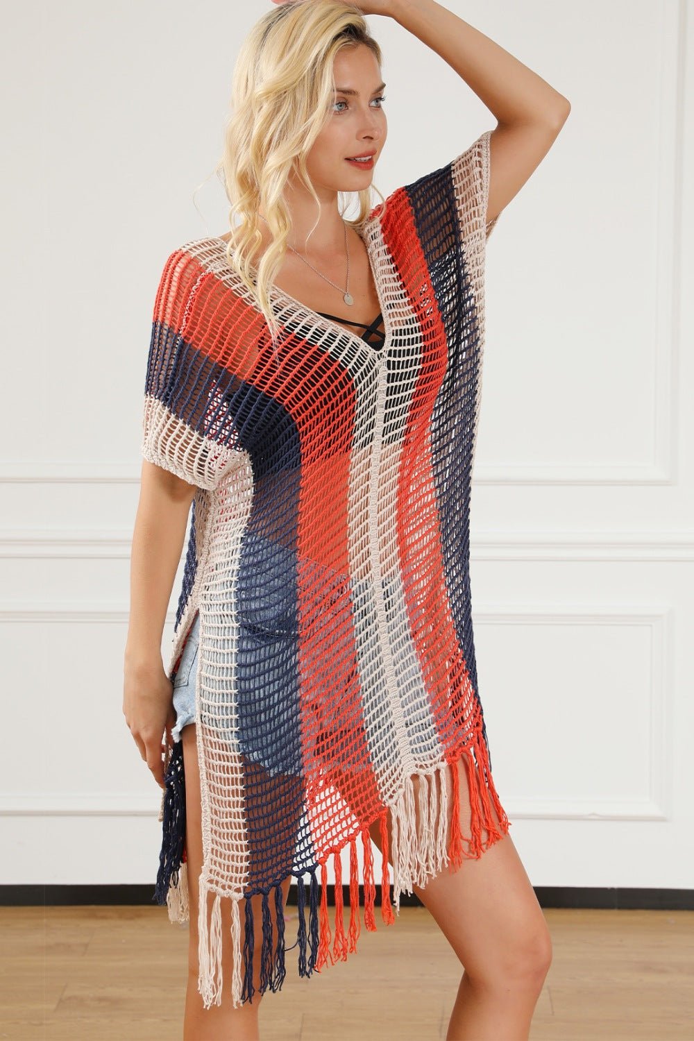 Tassel Color Block V - Neck Cover Up - Cover - Up - Multicolor - Bella Bourget