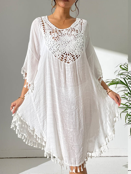 Tassel Cutout Scoop Neck Cover - Up Dress - Cover - Up - White - Bella Bourget