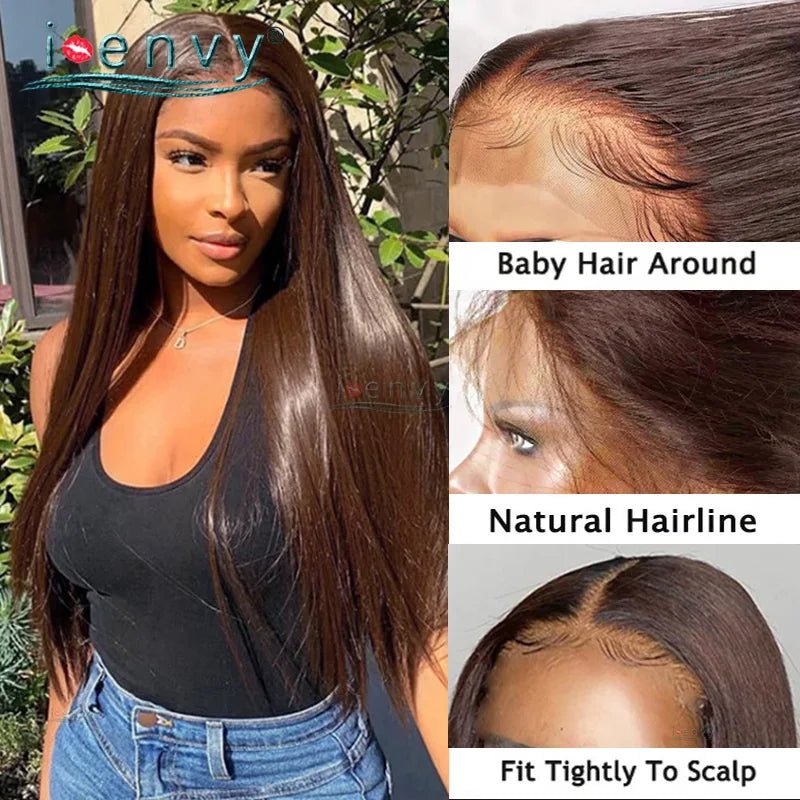 Transparent Lace - Front Straight Brown Brazilian Human Hair Wig - 30 - Bella Bourget