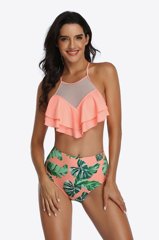 Tropical Print Ruffled Two - Piece Swimsuit - Two - Piece Swimsuit - Coral - Bella Bourget