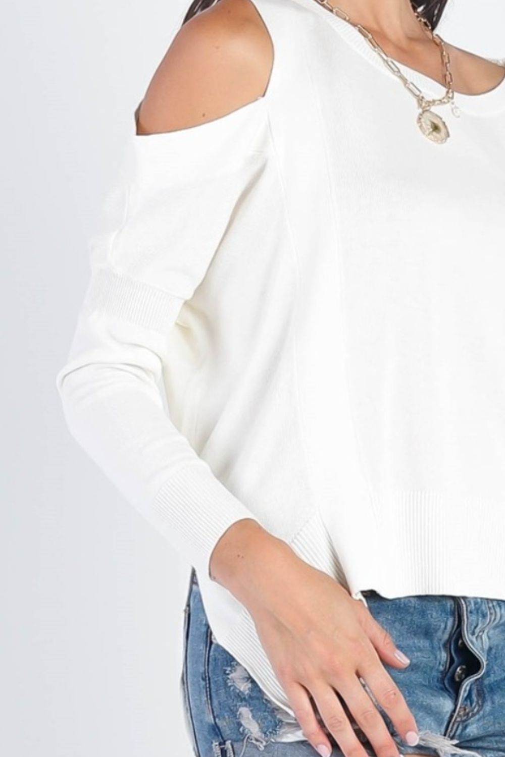 UNIQ Cold Shoulder Long Sleeve Knit Top - Top - White - Bella Bourget