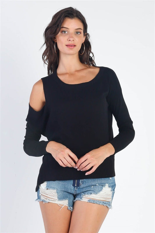 UNIQ Cold Shoulder Long Sleeve Knit Top - Top - Black - Bella Bourget