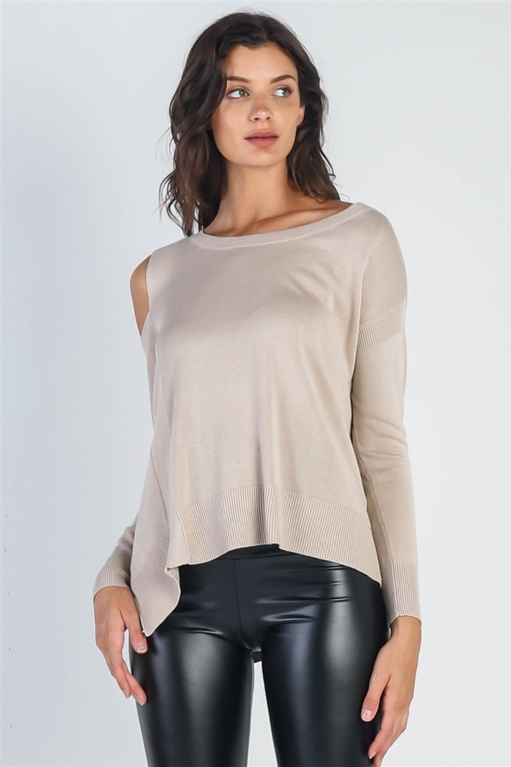 UNIQ Cold Shoulder Long Sleeve Knit Top - Top - Beige - Bella Bourget