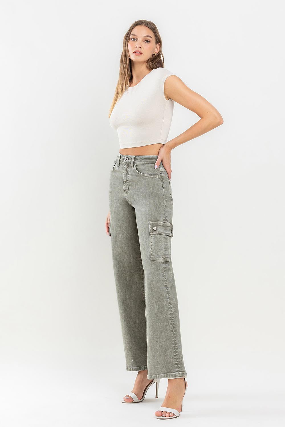 Vervet by Flying Monkey 90's Super High Rise Cargo Jeans - jeans - Vetiver - Bella Bourget