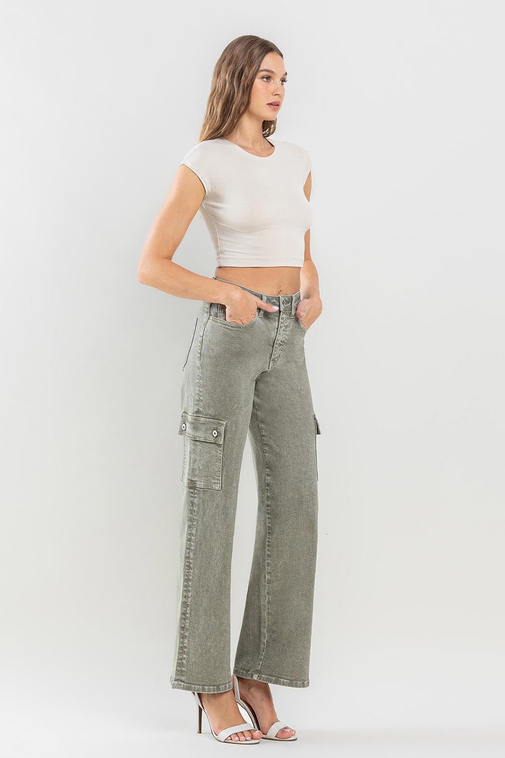 Vervet by Flying Monkey 90's Super High Rise Cargo Jeans - jeans - Vetiver - Bella Bourget