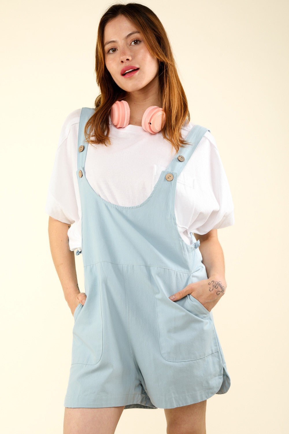 VERY J Adjustable Waist Suspender Overalls with Pockets - Overalls - Denim Blue - Bella Bourget