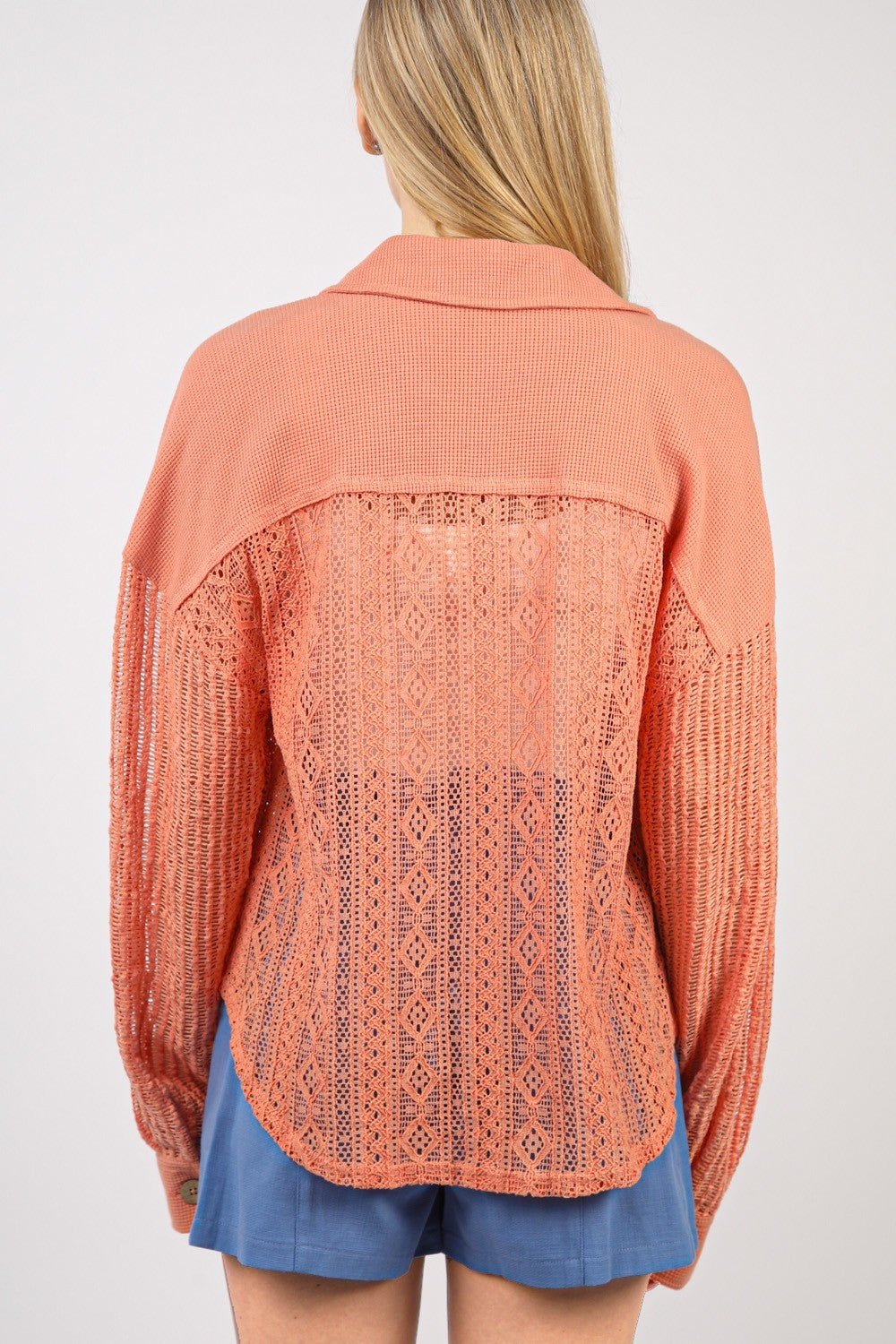 VERY J Button Up Long Sleeve Lace Shirt - Top - Salmon - Bella Bourget