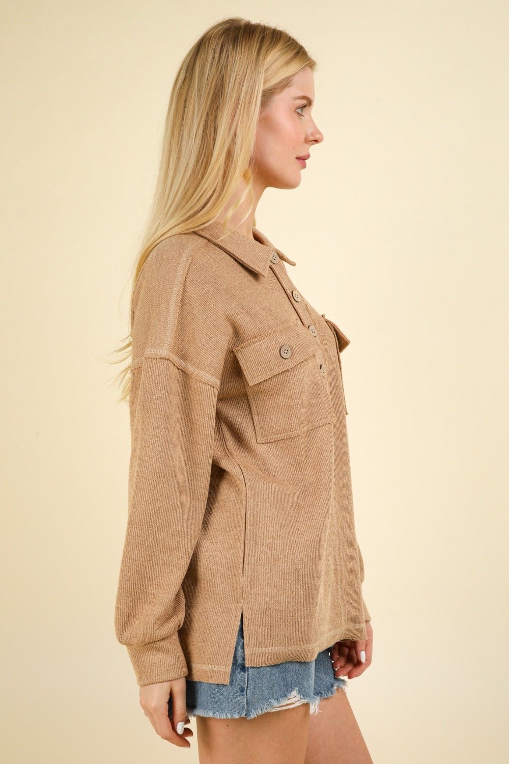 VERY J Collared Half Button Knit Top with Pockets - Knit Top - Taupe - Bella Bourget