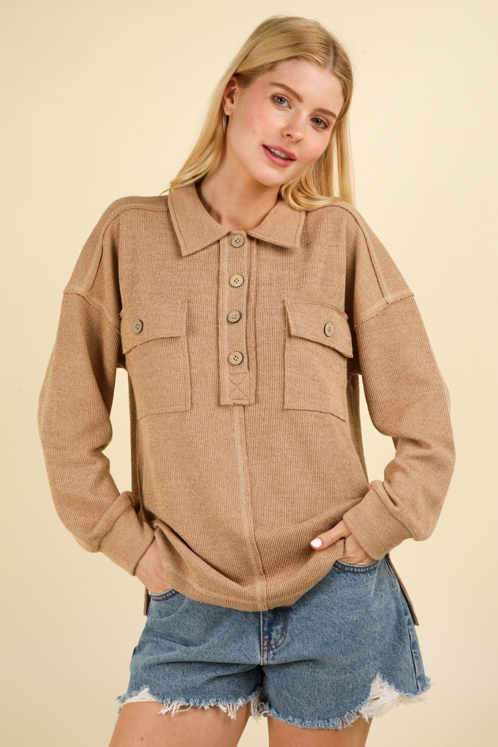 VERY J Collared Half Button Knit Top with Pockets - Knit Top - Taupe - Bella Bourget