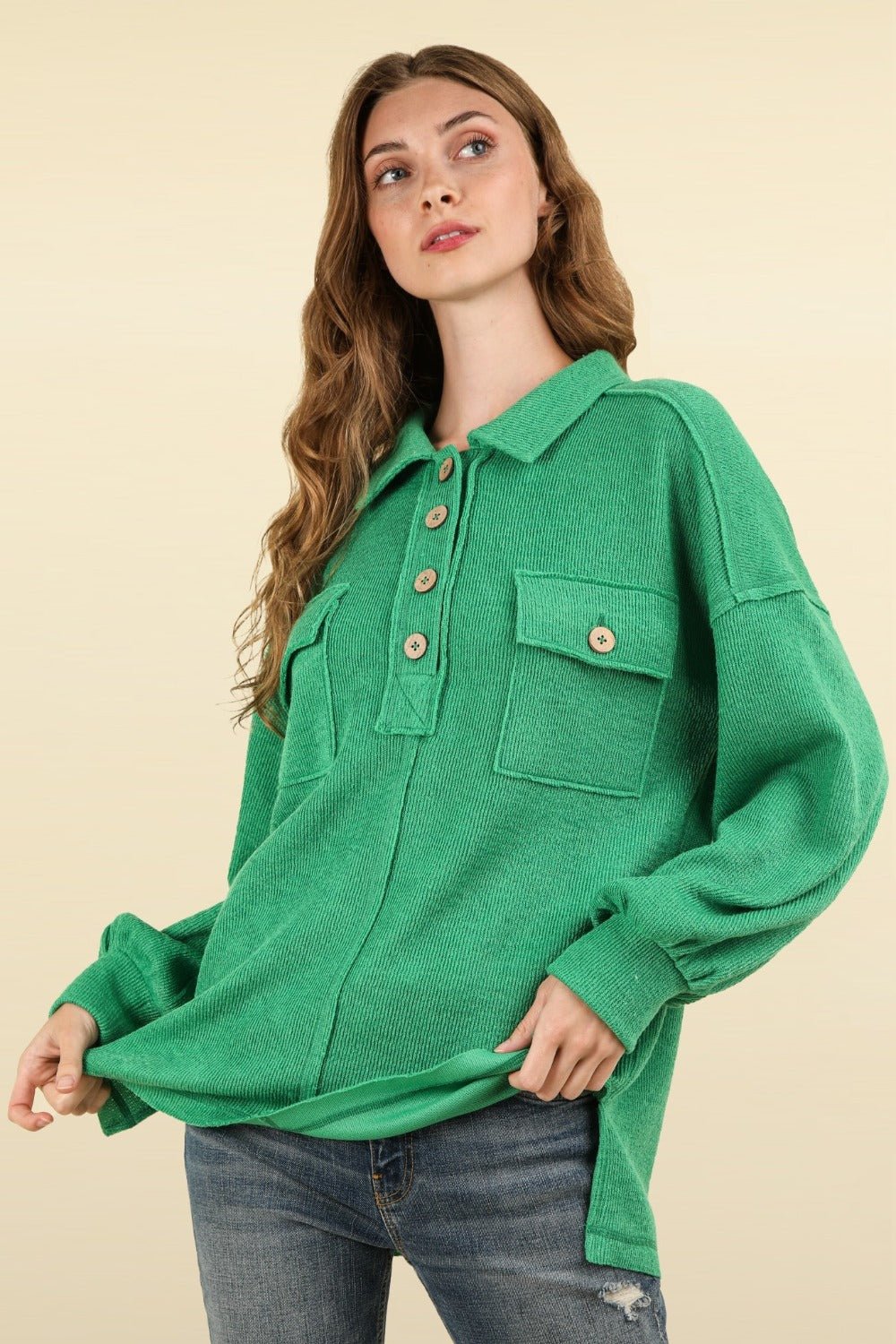 VERY J Collared Half Button Knit Top with Pockets - Sweater - Green - Bella Bourget