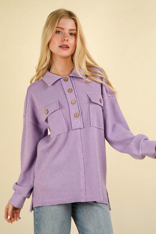 VERY J Collared Half Button Knit Top with Pockets - Top - Orchid - Bella Bourget