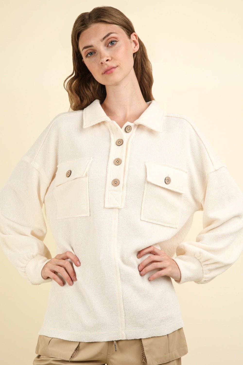 VERY J Collared Half Button Knit Top with Pockets - Sweater - Cream - Bella Bourget