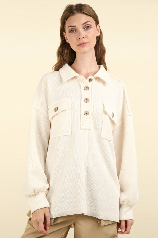 VERY J Collared Half Button Knit Top with Pockets - Sweater - Cream - Bella Bourget