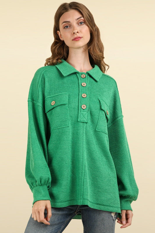 VERY J Collared Half Button Knit Top with Pockets - Sweater - Green - Bella Bourget