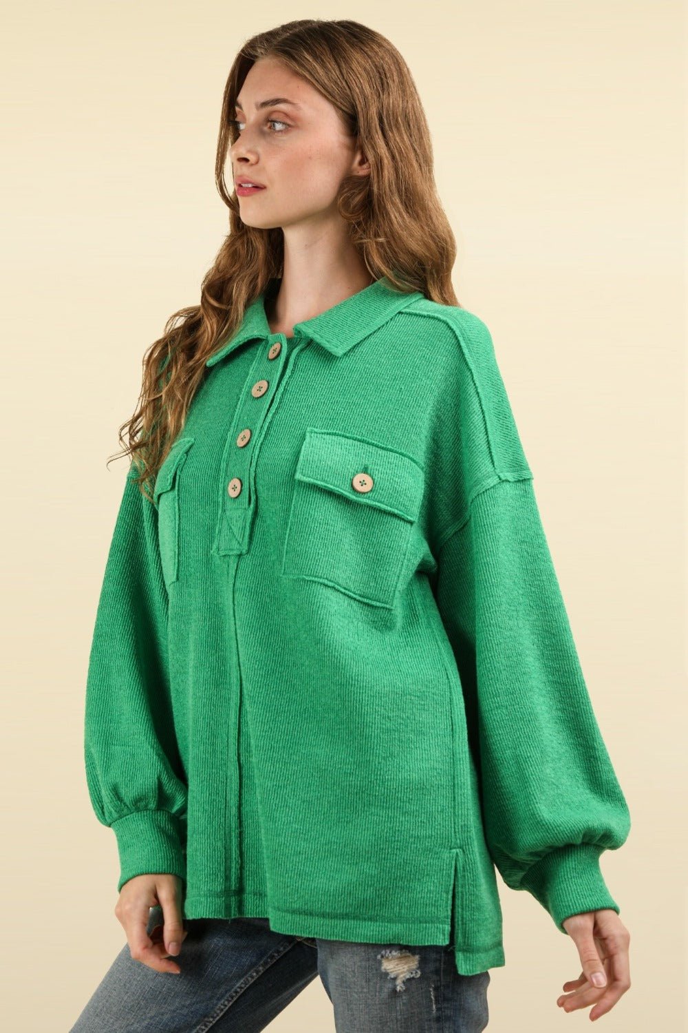 VERY J Collared Half Button Knit Top with Pockets - Sweater - Green - Bella Bourget