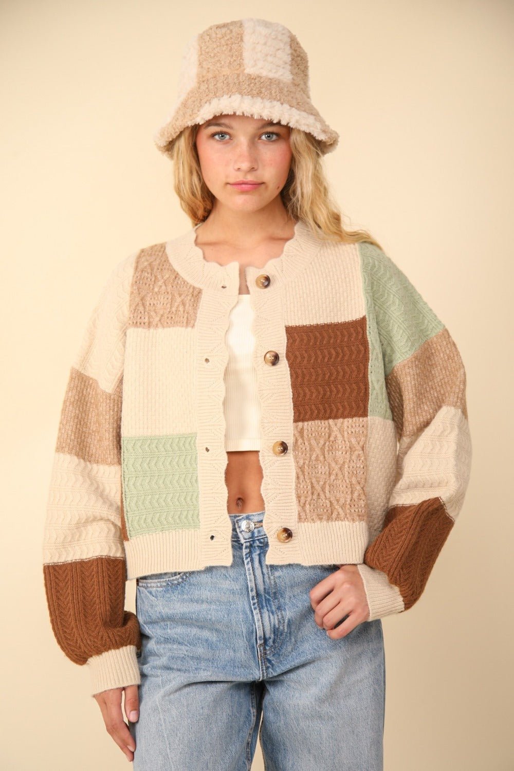 VERY J Color Block Button Down Textured Sweater Cardigan - Cardigan - Oatmeal - Bella Bourget