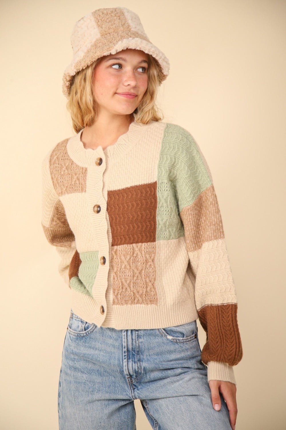 VERY J Color Block Button Down Textured Sweater Cardigan - Cardigan - Oatmeal - Bella Bourget