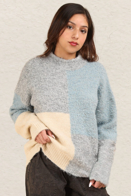 VERY J Color Block Mock Neck Drop Shoulder Sweater - Sweater - Grey - Bella Bourget